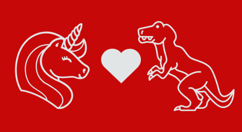 Die Titelgrafik zeigt in weißen Linien auf rotem Grund von links einen Einhornkopf, ein Herz und rechts einen Dino. Einhorn und Dino blicken sich über das Herz an.