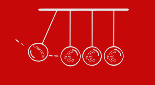 Eine Titel-Grafik, weiß auf rotem Grund, zeigt ein Kugelpendelspiel, die linke Kugel mit der Aufschrift Coaching, die drei weitere Kugeln mit der Aufschrift Euro anstößt. Das Symbolisoert den Nutzen von Coching und bildet einen Kontrast zu der etwas provozierenden Überschrift.